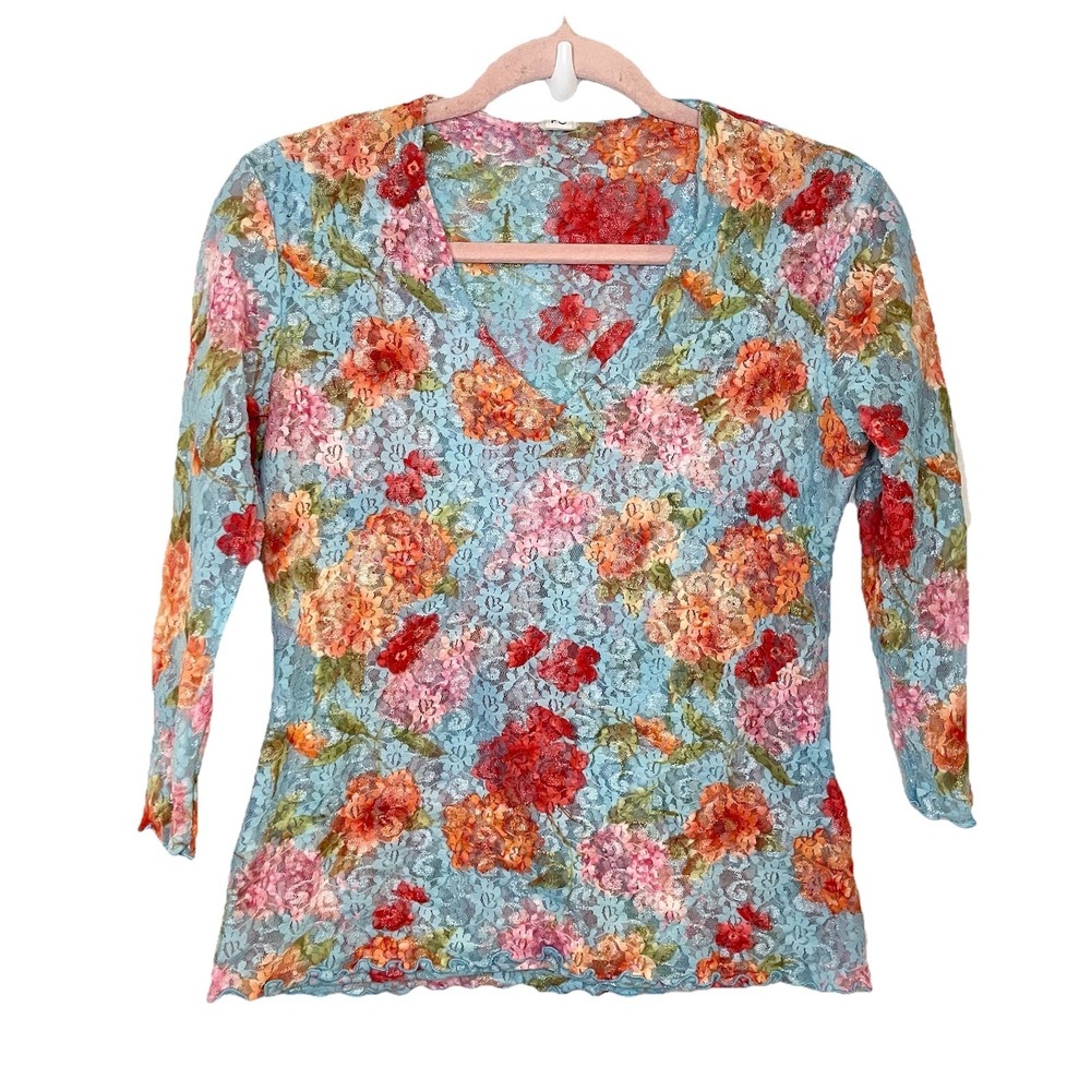 Blue Foral Slim Top Lace Lettuce Ruffle Hem Fairy Feminine Y2K Stretch Babydoll